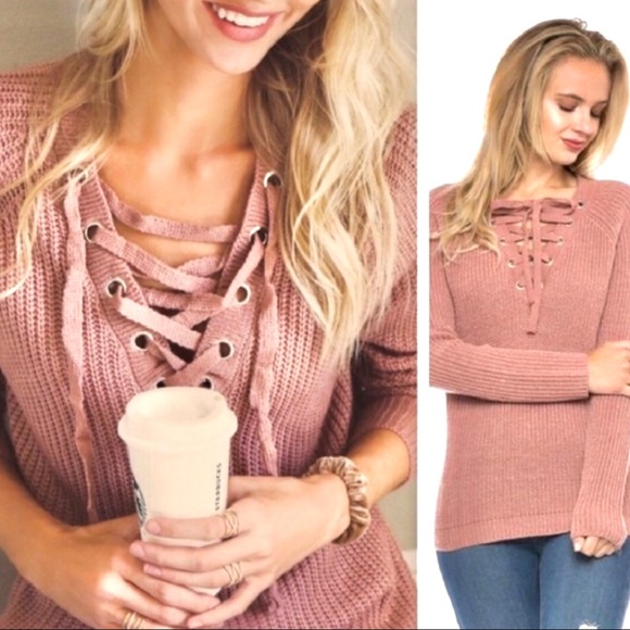 Knit Lace Up Sweater - Picture 4 of 5